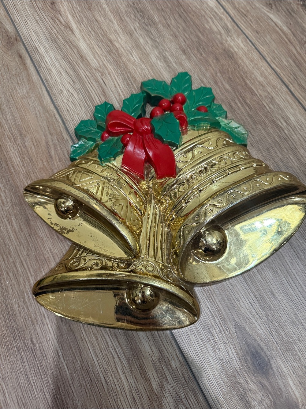 Vintage Gold Holiday Bells Wall Decor with Red Bow and Green Holly -10 x 10